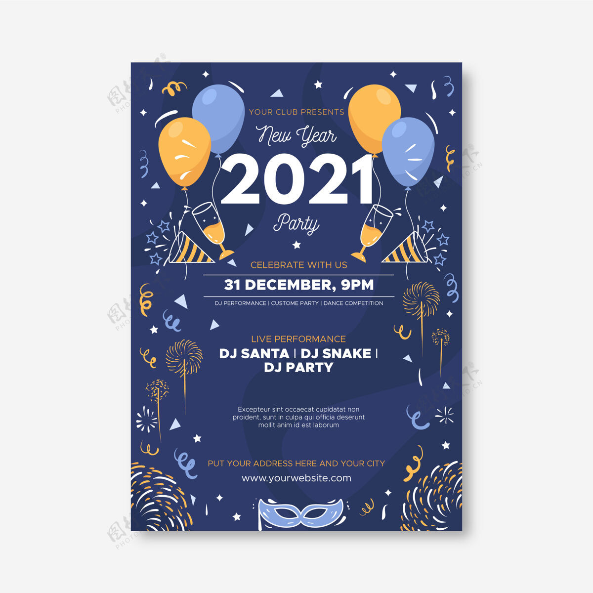新年快乐平面2021年新年派对传单模板事件海报前夕