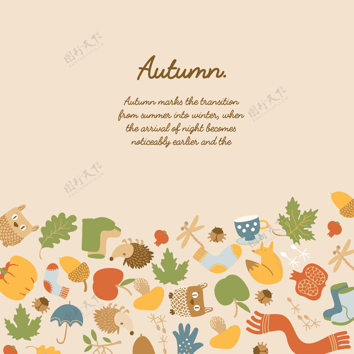 布局彩色抽象秋季模板与文字树叶 动物 苹果 南瓜 衣服 蘑菇 杯子和伞手套花卉苹果