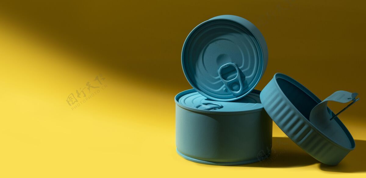 罐头前视图蓝色锡罐与复制空间堆栈罐装铁保存
