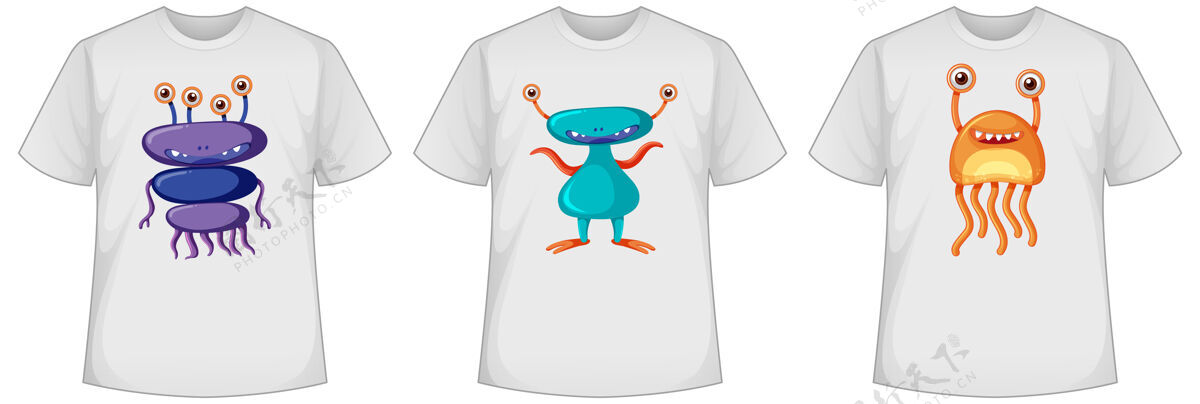 短裤一套不同颜色的可爱怪物或外星人屏幕上的t恤怪物外星人T恤