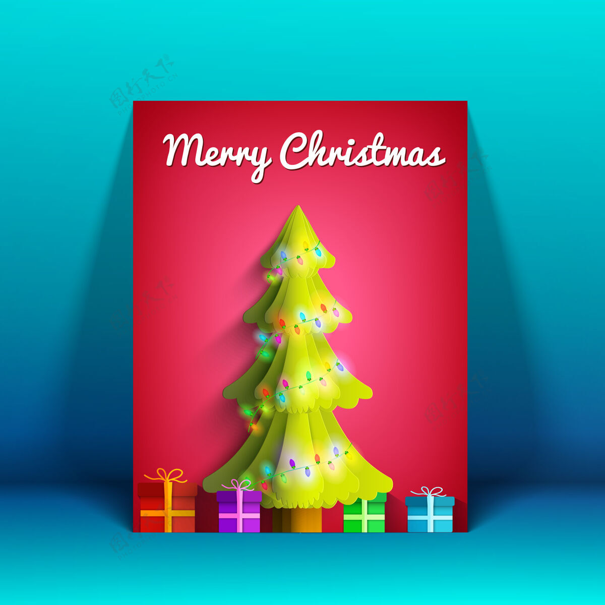 圣诞圣诞快乐贺卡与闪亮的杉树灯花环和五颜六色的礼物闪亮庆祝节日