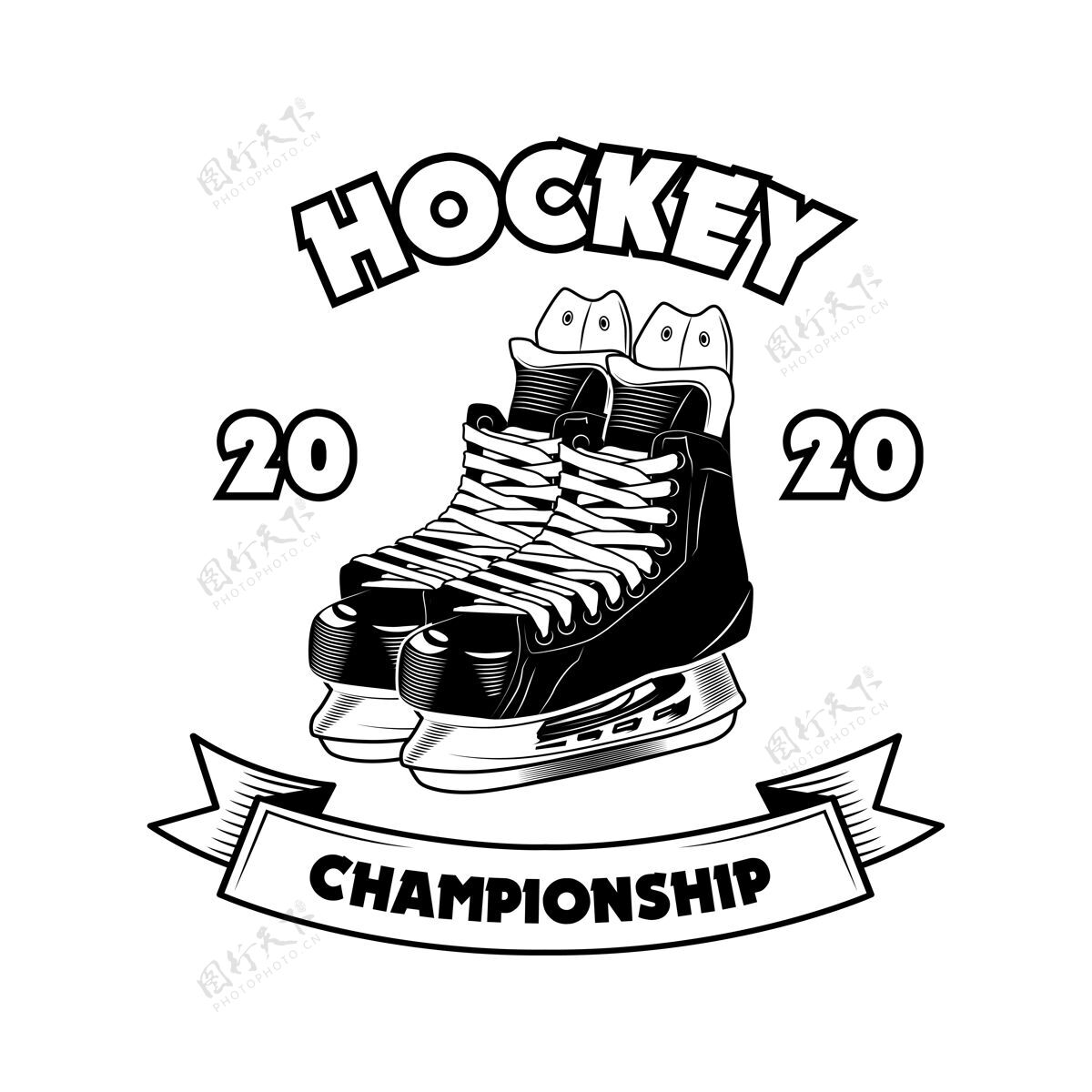绘画曲棍球锦标赛符号矢量插图冰鞋和丝带上的文字标志和标签模板体育学校的概念球迷运动社区