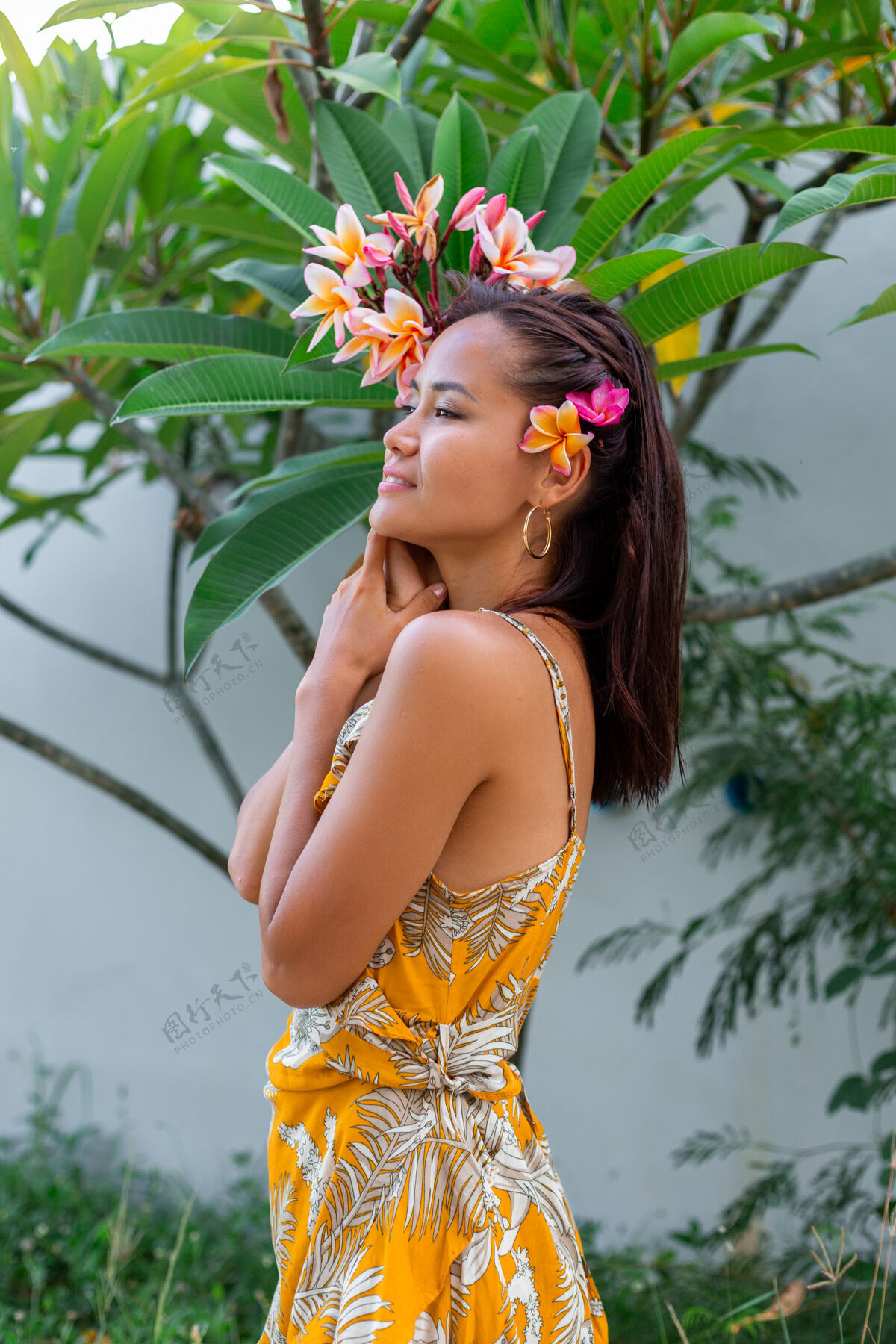 热带身着黄色夏装的亚洲女性肖像站在墙上和绿色灌木丛的背景上 头发上有一朵鸡蛋花泰国花 耳朵圆圆的女性在外面化妆自然户外圆形