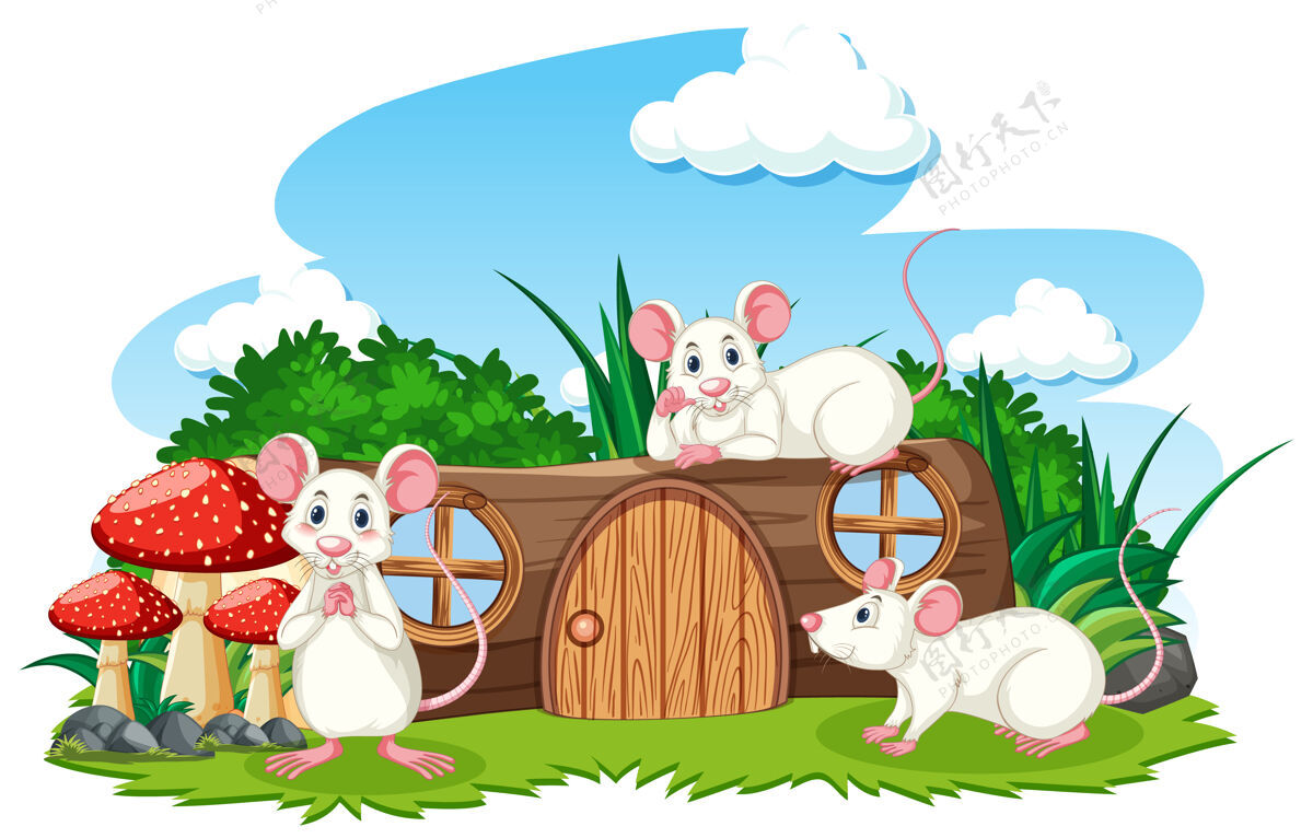 空白木屋三只老鼠卡通风格的白色背景小家木材