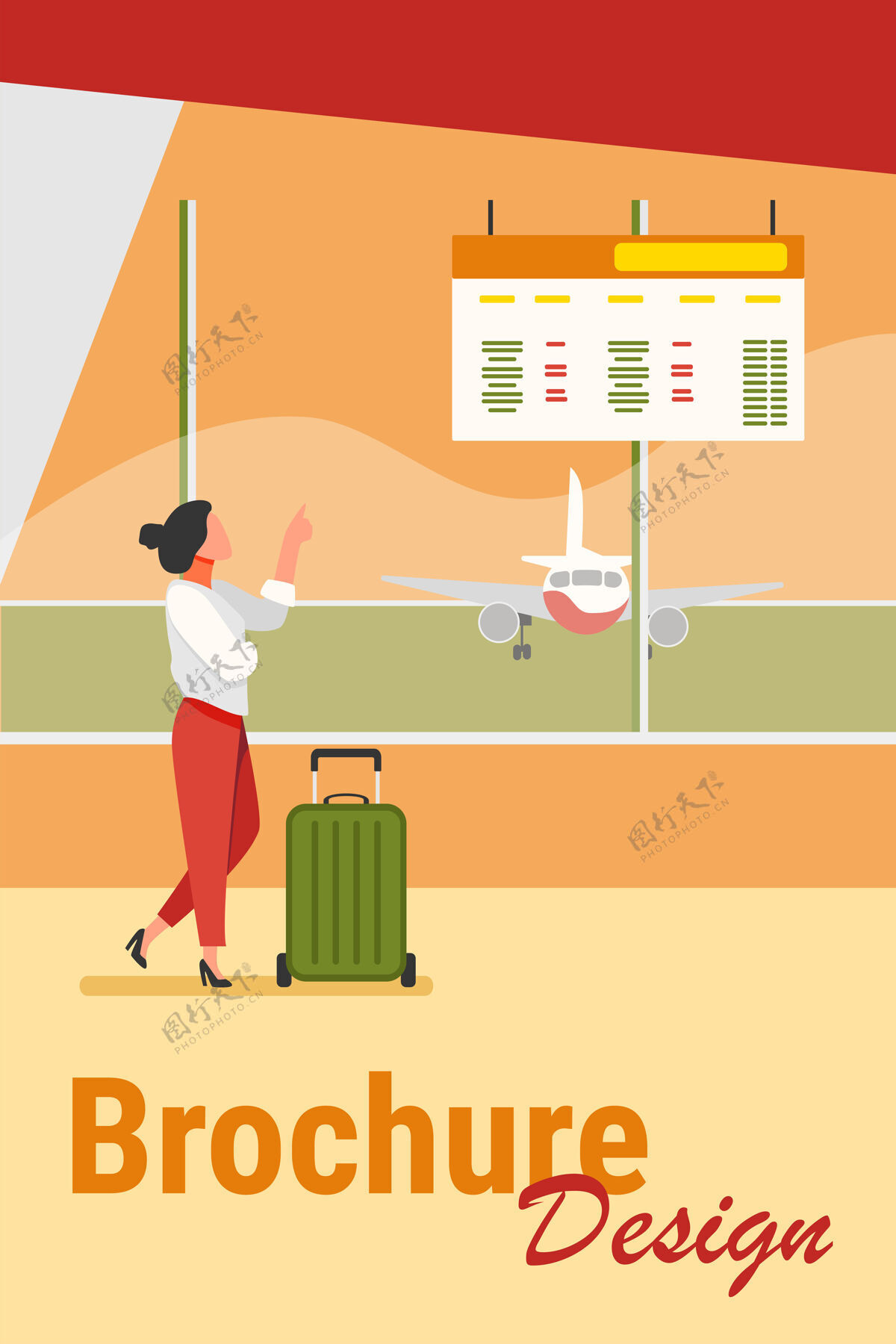 行李女士咨询机场出发数字板带行李箱的游客等待登机平面矢量图旅游 度假概念乘客出发屏幕显示